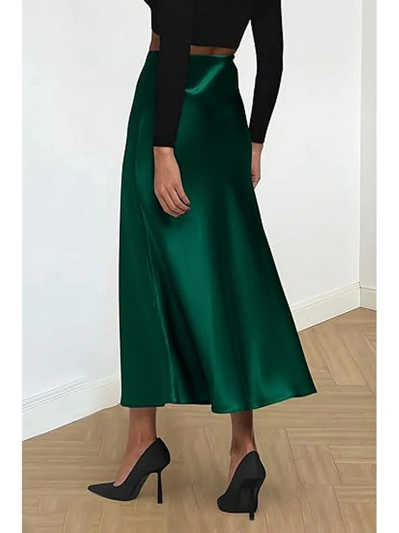 PRETTYGARDEN Women's Summer Midi Satin Skirt Dressy Casual High Waisted A Line Flowy Ruffle Elega... | Walmart (US)