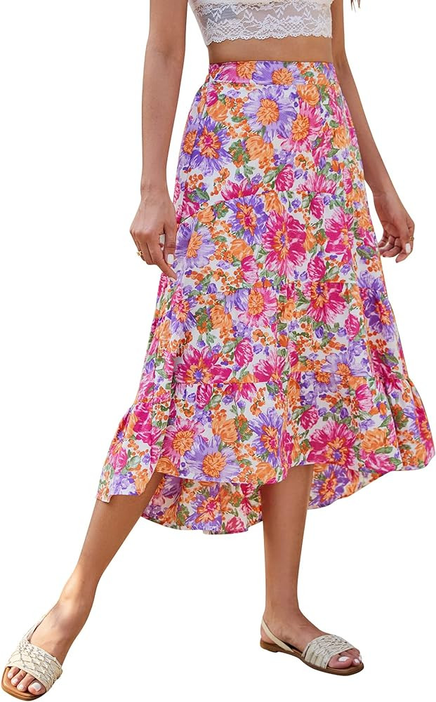 SimpleFun Women's Long Skirts Boho Floral Elastic High Waist Asymmetrical Hem Midi Skirt | Amazon (US)