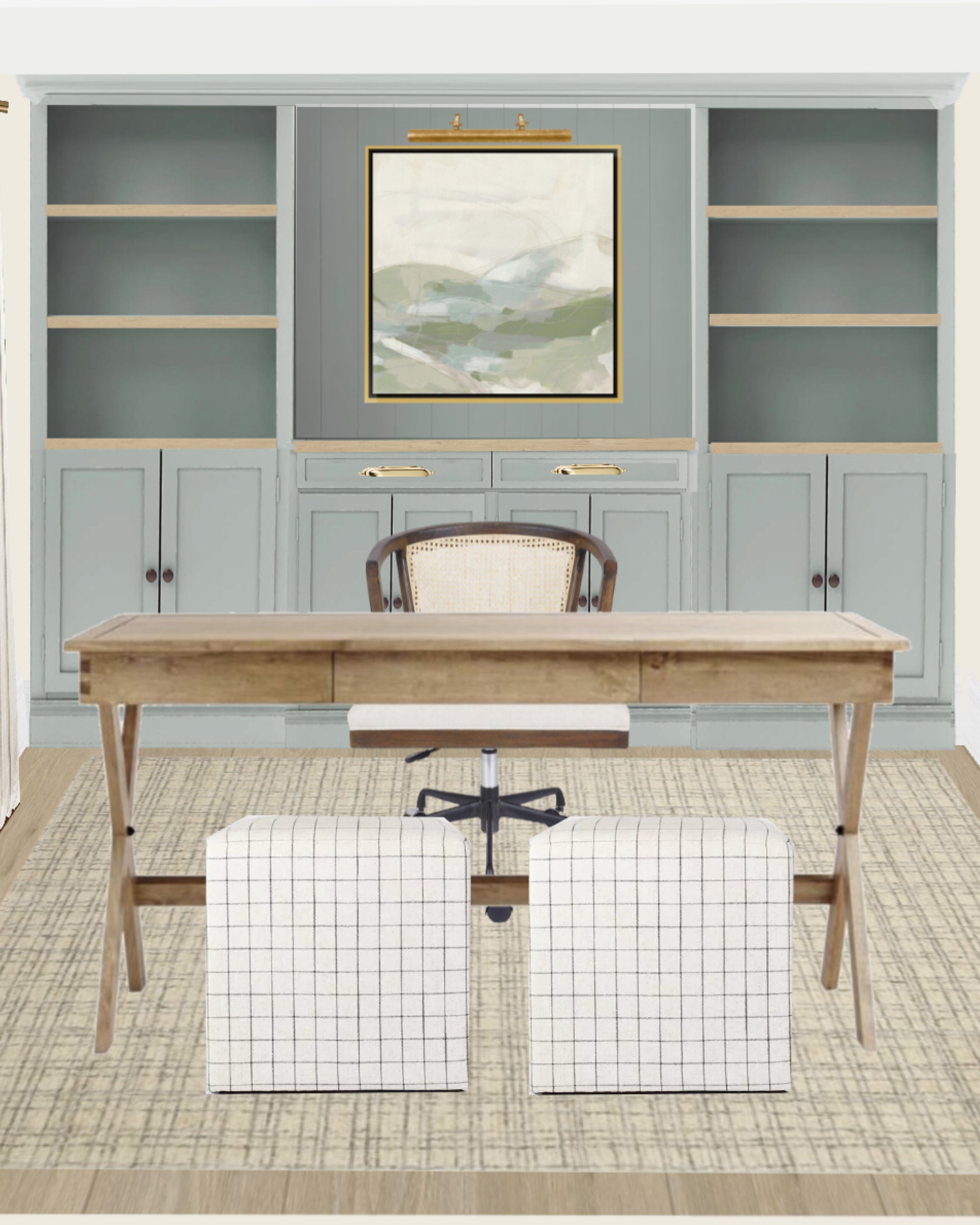 My home office details are here! This desk is a fan favorite! I love my abstract landscape art too. I mixed in some plaid ottomans & a neutral rug to finish it off! 

#LTKfindsunder100 #LTKworkwear #LTKhome