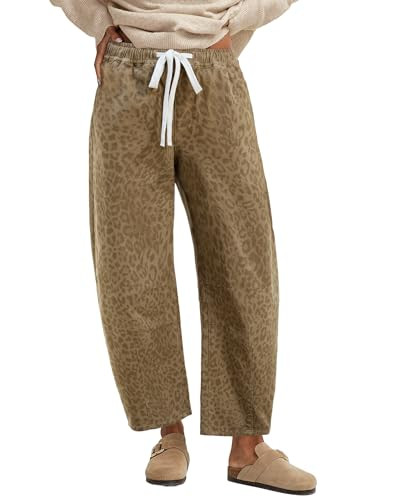 GRAPENT Wide Leg Jeans Women High Waisted Trousers Pants for Women Cowgirl Jeans for Womens Pull on Pants Womens Trousers High Waisted Drawstring Khaki Leopard Size X-Large US 16 to 18 | Amazon (US)
