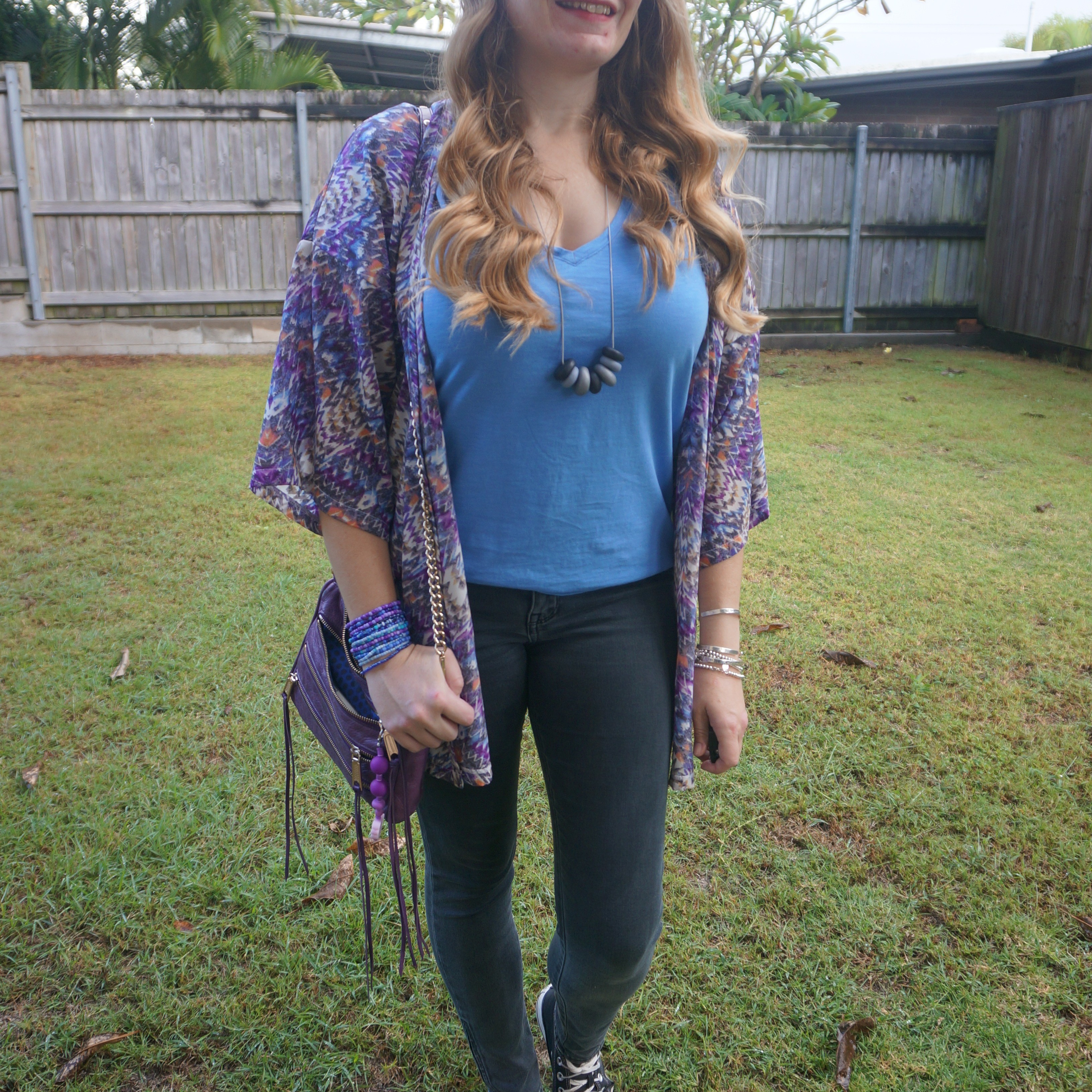 Blue  tee, skinny jeans and purple cover up with purple Rebecca Minkoff mini 5-zip bag again 💜 

#LTKaustralia #LTKautumn #LTKbag