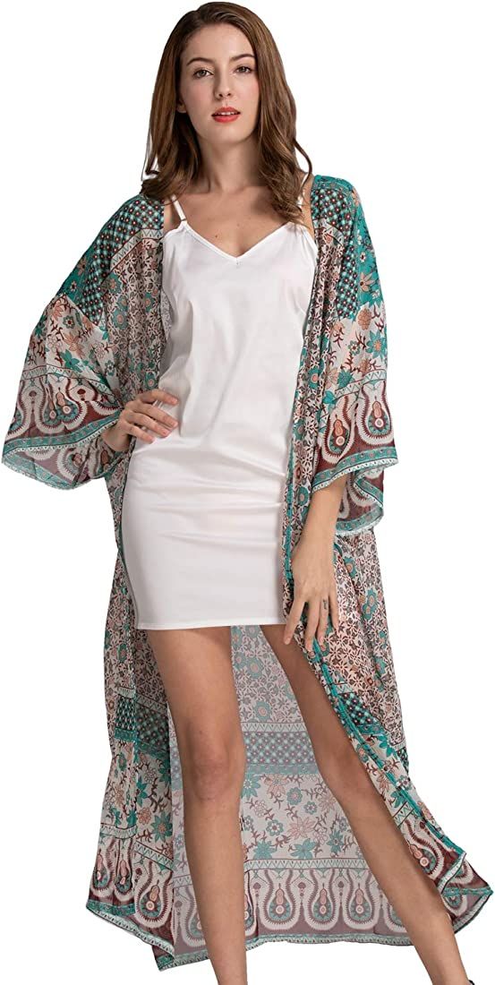 Women's Loose Kimono Cardigan Floral Print Long Sleeve Cover Up Beach Coverups Bathing Suit for W... | Amazon (US)