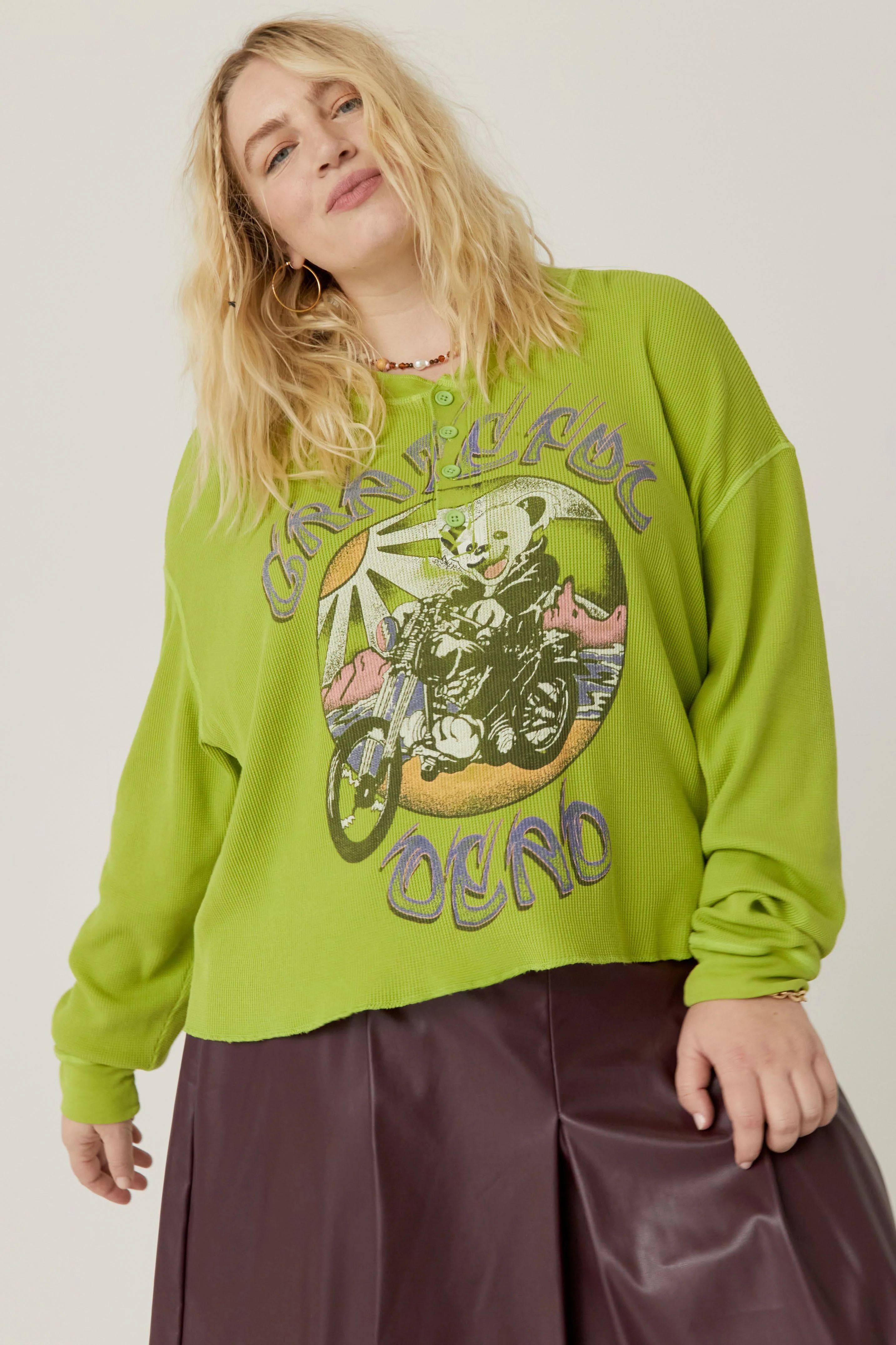 The Grateful Dead Motorcycle Bear Cropped Thermal Henley ES | Daydreamer