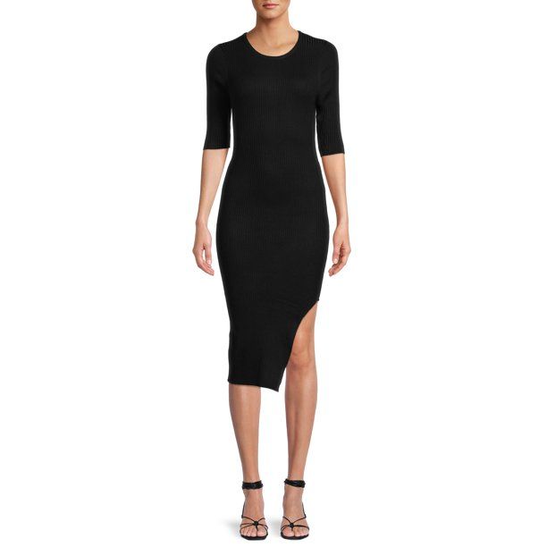 Madberry Women’s Solid Rib Sweater Dress with Side Slit | Walmart (US)