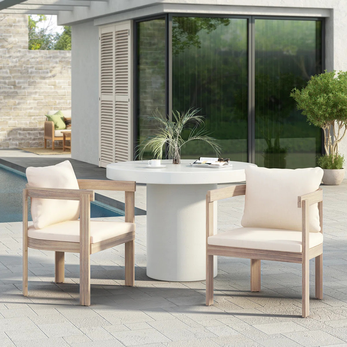 Modern Coastal Acacia Wood Outdoor Dining Armchairs with Cushions | Wayfair North America