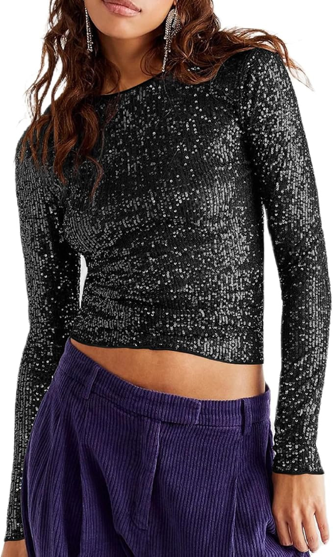 Seyumixi Women Sequins Top Long Sleeve Sparkly Slim Shirt Crewneck Glitter Party Tops Tee Blouse ... | Amazon (US)