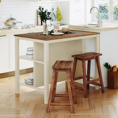Solid Wood Rustic 3-Piece 45" Stationary Kitchen Island Set With 2 Seatings | Wayfair North America