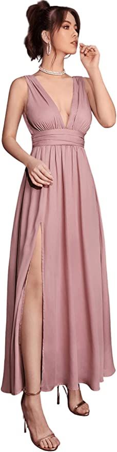 Floerns Women's Plunging V Neckline Split Thigh Ruched Party A Line Formal Long Dress | Amazon (US)