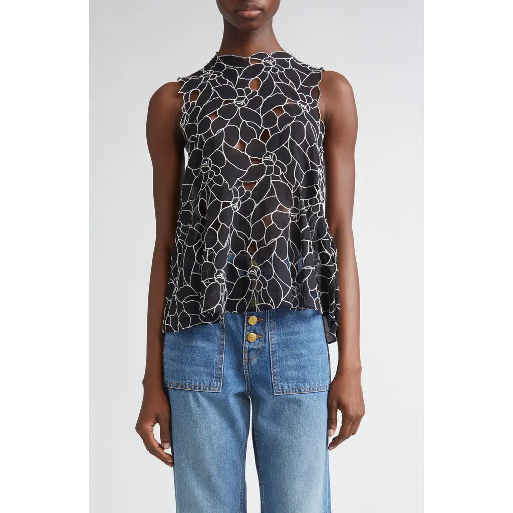 Ulla Johnson Ali Embroidered Cutout Sleeveless Top in Noir at Nordstrom Rack, Size 8 | Nordstrom Rack