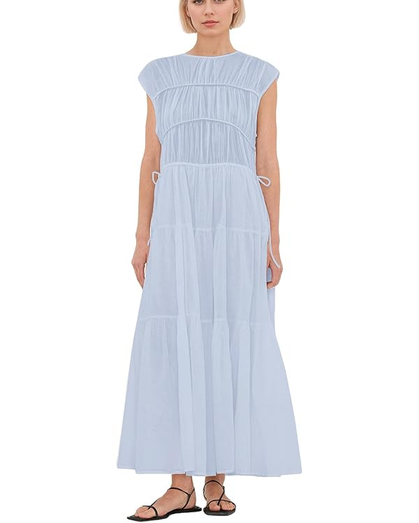 calbatic Women Pleated Ruched Tiered Maxi Dress Sleeveless Patchwork Ruffle Hem A Line Flowy Summ... | Amazon (US)