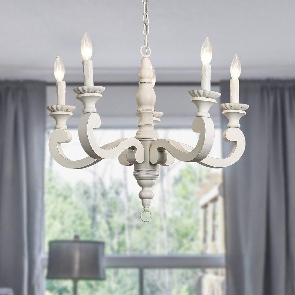 French Country Farmhouse Chandeliers for Dining Room, 5-Light Distressed White Wood Coastal Penda... | Amazon (US)