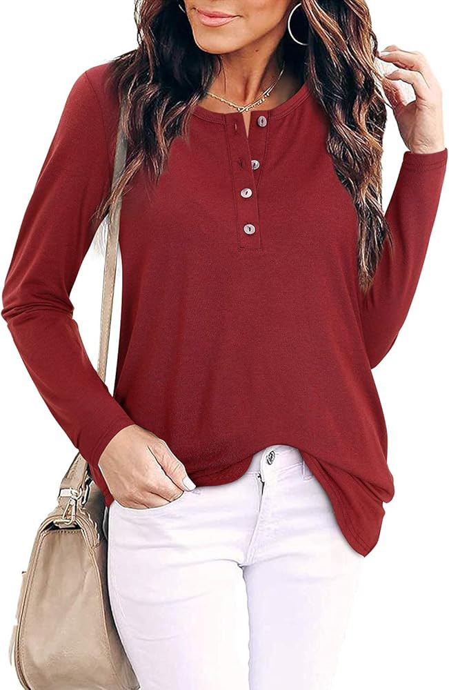 ULTRANICE Womens Tops Long Sleeve Henley Button Blouses Tshirts | Amazon (US)