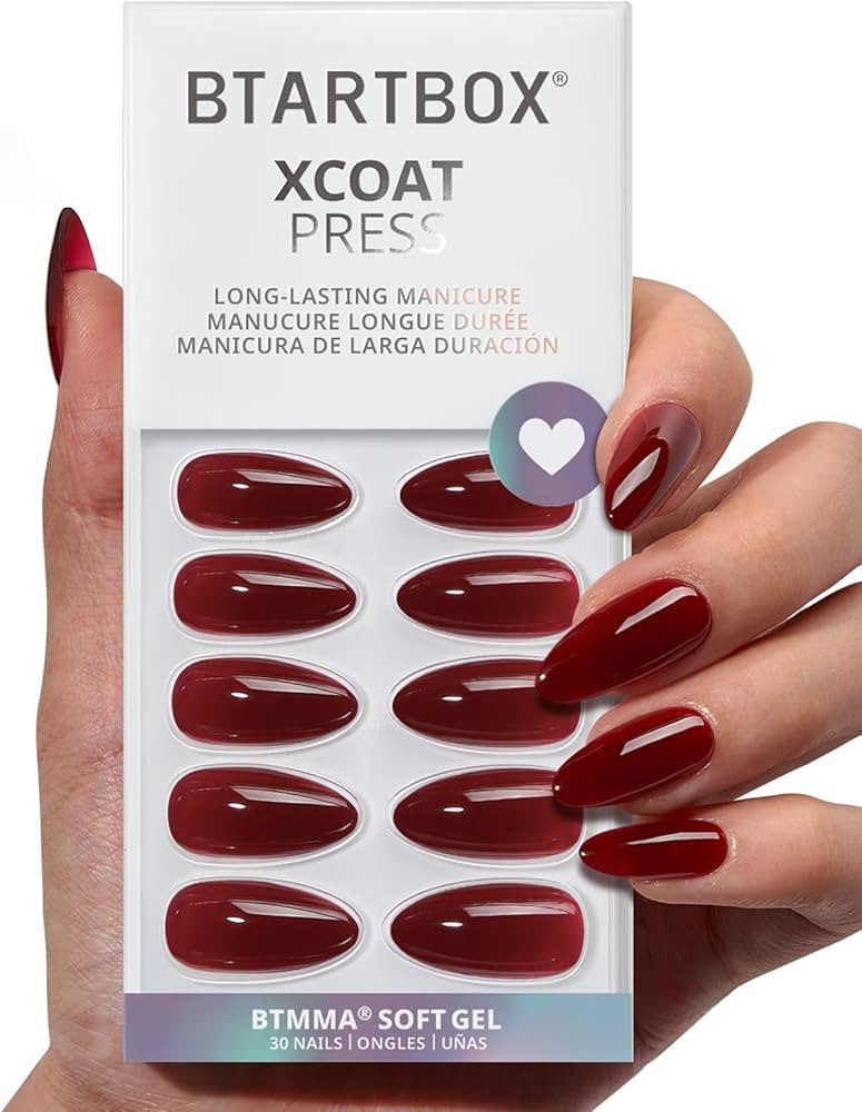 BTArtbox Press On Nails Almond - Lamp-Curable Dark Red Medium Press On Nails with Glue for Women,... | Amazon (US)