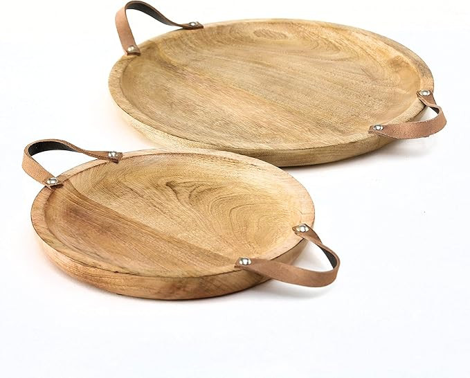 WHW Whole House Worlds Mango Wood Board Server Trays, Set of 2, Brown Leather Handles, Rustic Rou... | Amazon (US)