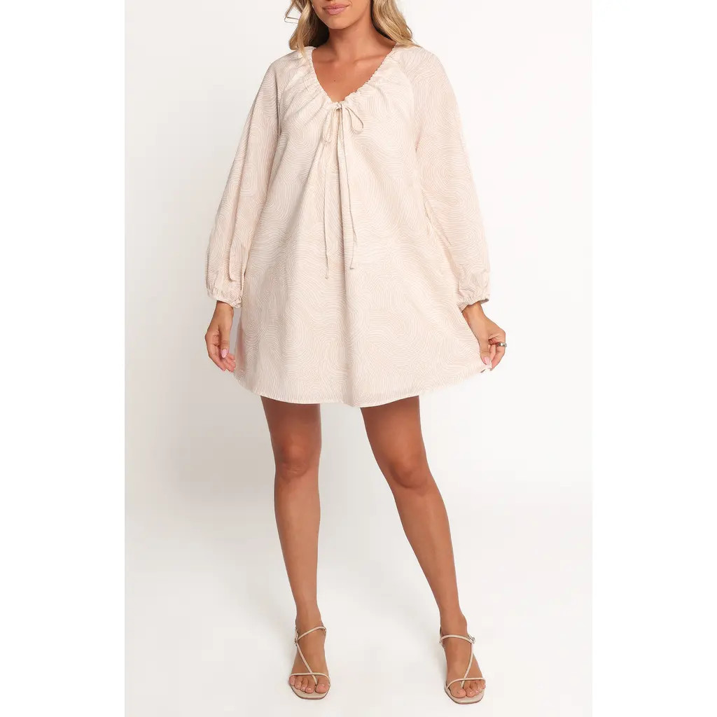 Petal & Pup Walker Woodcut Print Long Sleeve Cotton & Linen Minidress in Tan Swirl at Nordstrom, Size X-Large | Nordstrom