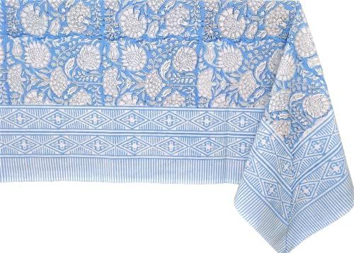 ATOSII 'Azora' Blue 100% Cotton Rectangle Fall Tablecloth, Handblock Floral Linen Table Cloth for... | Amazon (US)