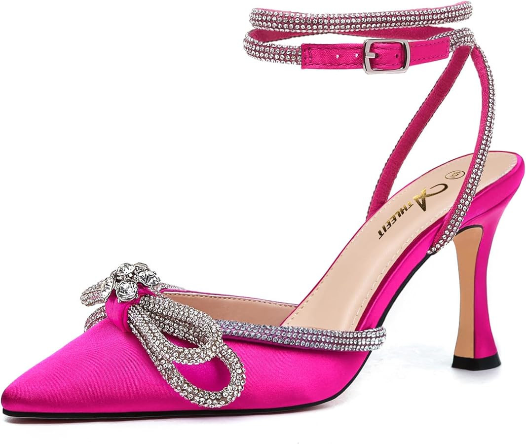 Athlefit Women's Rhinestone Bow Heels Ankle Strap Pointed Toe Stiletto Heeled Sandals Wedding Bri... | Amazon (US)