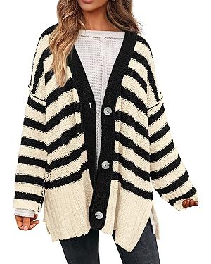 PRETTYGARDEN Women's Striped Cardigan Sweaters Long Sleeve Button Down Chunky Knit Oversized Fall... | Amazon (US)