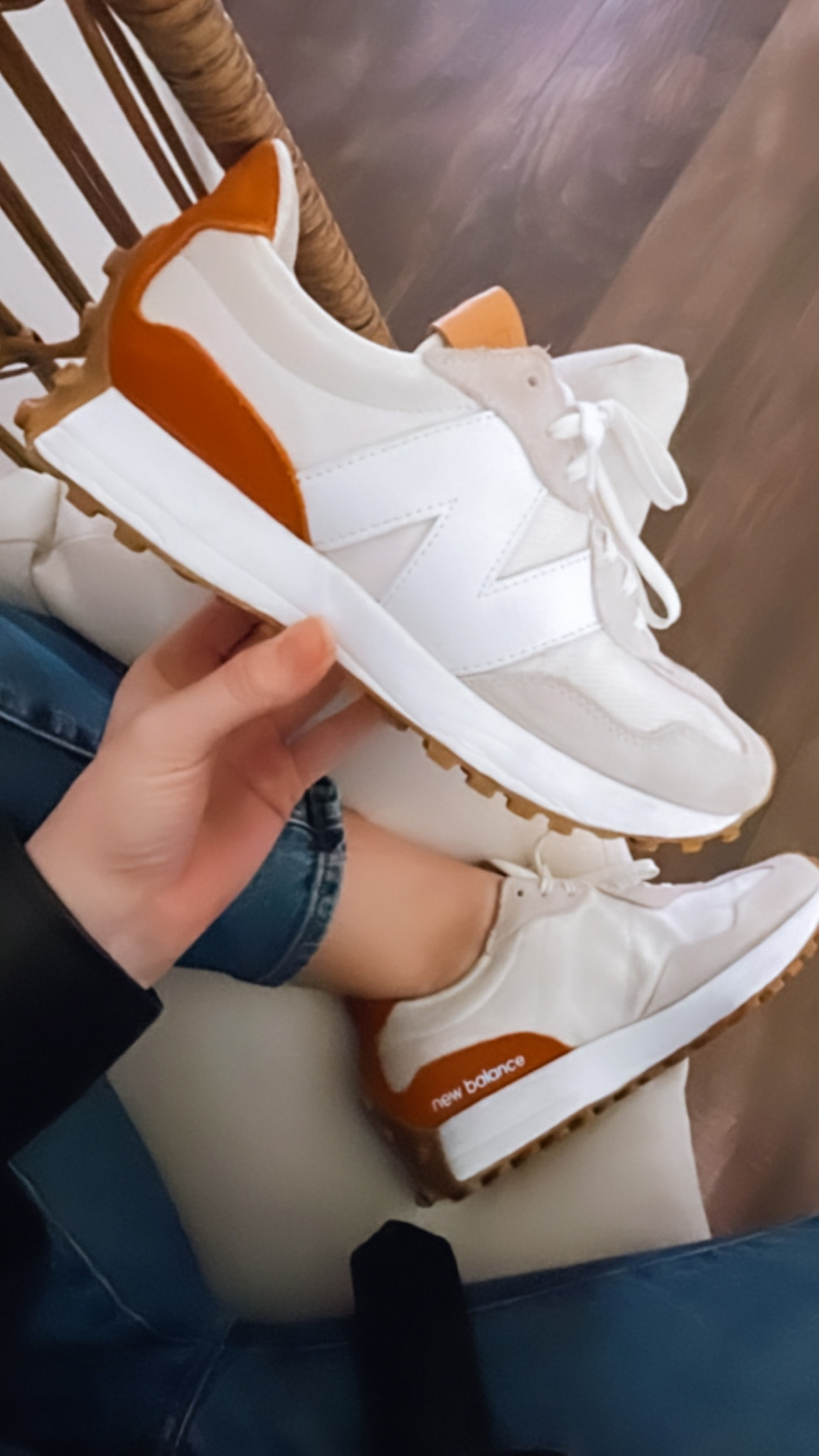 New Balance 327 in Sea Salt.  Limited sizes available in this color but there are new colors at Anthropologie. 

Size down half a size.  I usually wear size 10 but got the 9.5 and it’s still roomy and comfortable. 

New  Balance | sneakers | New Balance 327 | New Balance Sneakers

#LTKshoecrush #LTKFind #LTKunder100