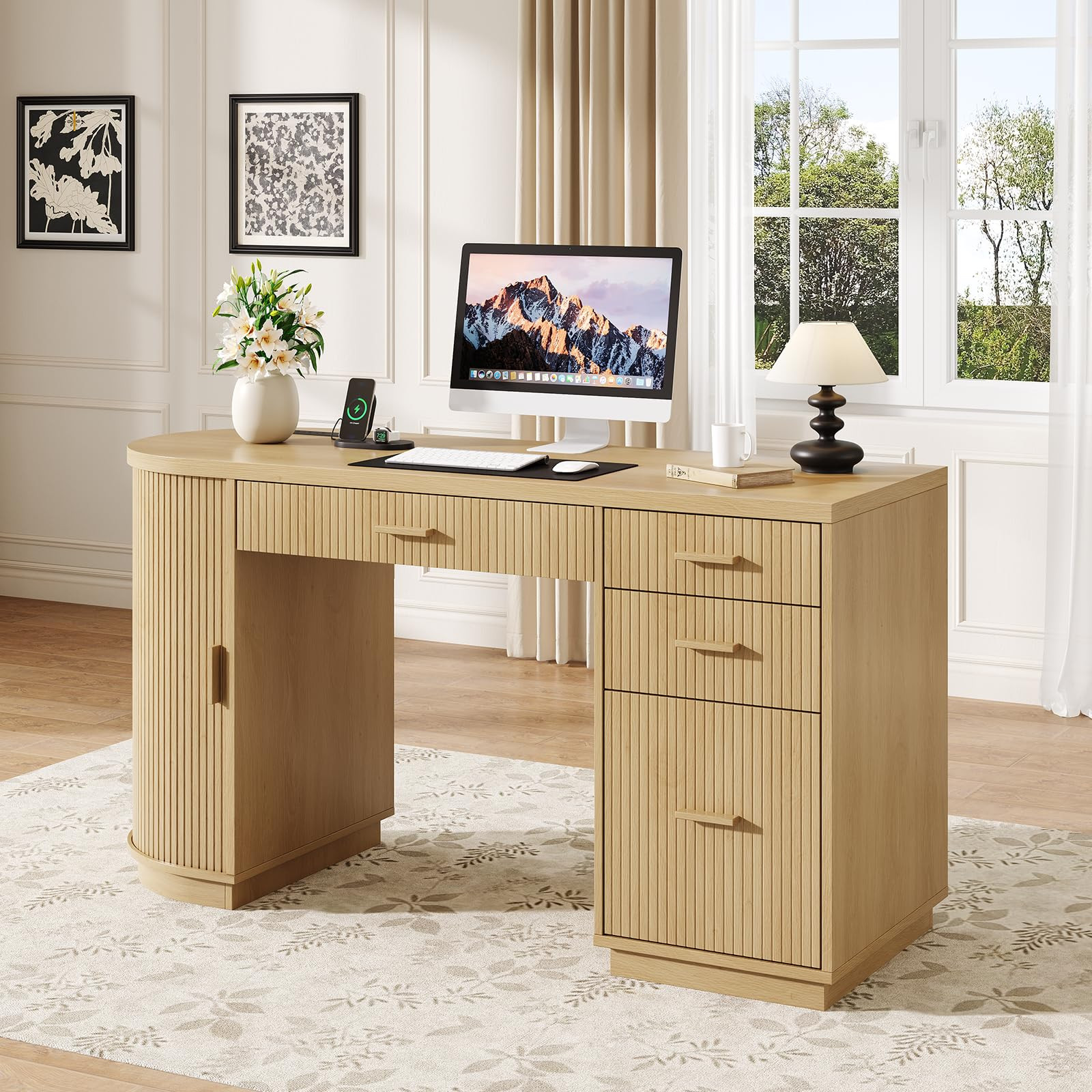 ONBRILL 58 Inch Fluted Executive Desk, Computer Desk with Storage Drawers & File Drawer, Modern H... | Amazon (US)