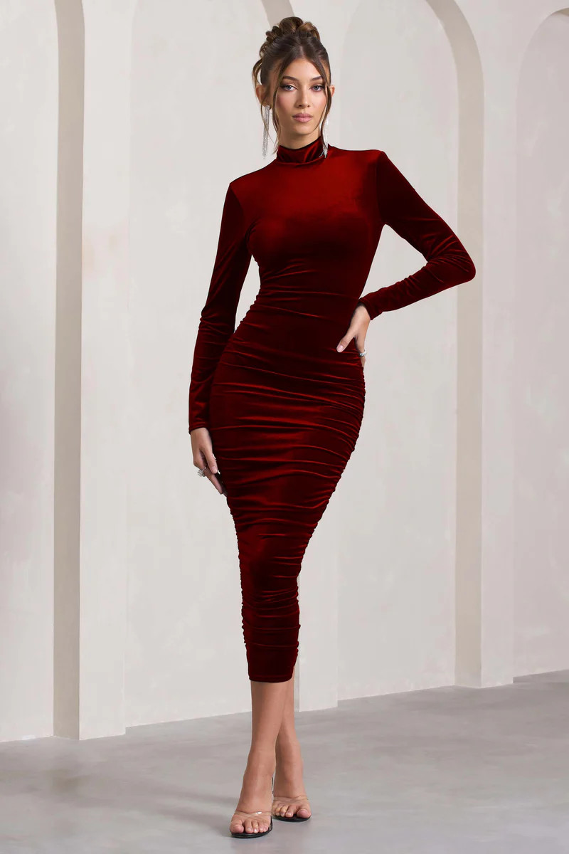 Joanna | Berry Velvet High-Neck Backless Midi Dress | Club L London
