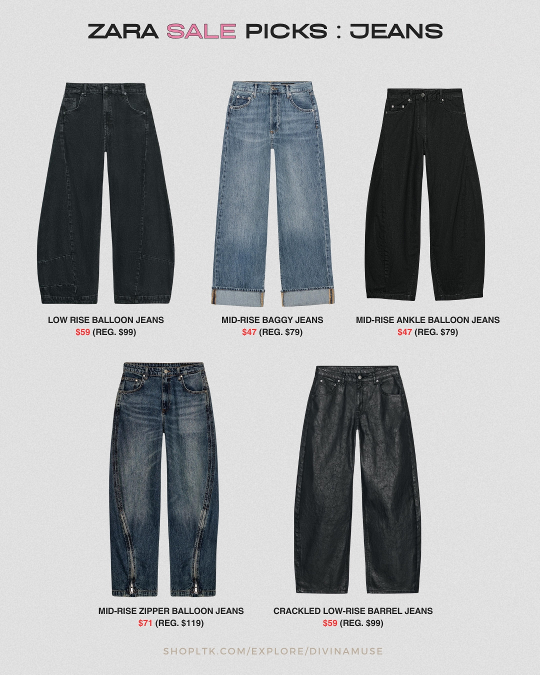 zara sale picks: jeans. 
i have so many jeans from zara, these are some picks i'm considering adding to my cart
- low rise black balloon jeans
- medium wash mid-rise folded baggy jeans
- black mid-rise ankle balloon jeans
- black wash mid-rise balloon jeans with zipper detailing (super cool)
- black crackled low-rise barrel jean 

 #LTKSaleAlert #LTKMidsize #LTKFindsUnder100