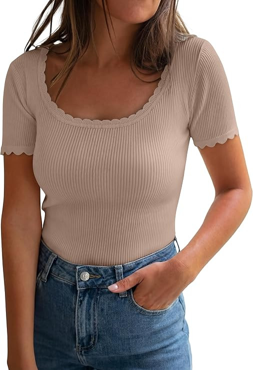 ANRABESS Short Sleeve Sweater for Women Scoop Neck Casual Lightweight Ribbed Knit Pullover Tops 2... | Amazon (US)
