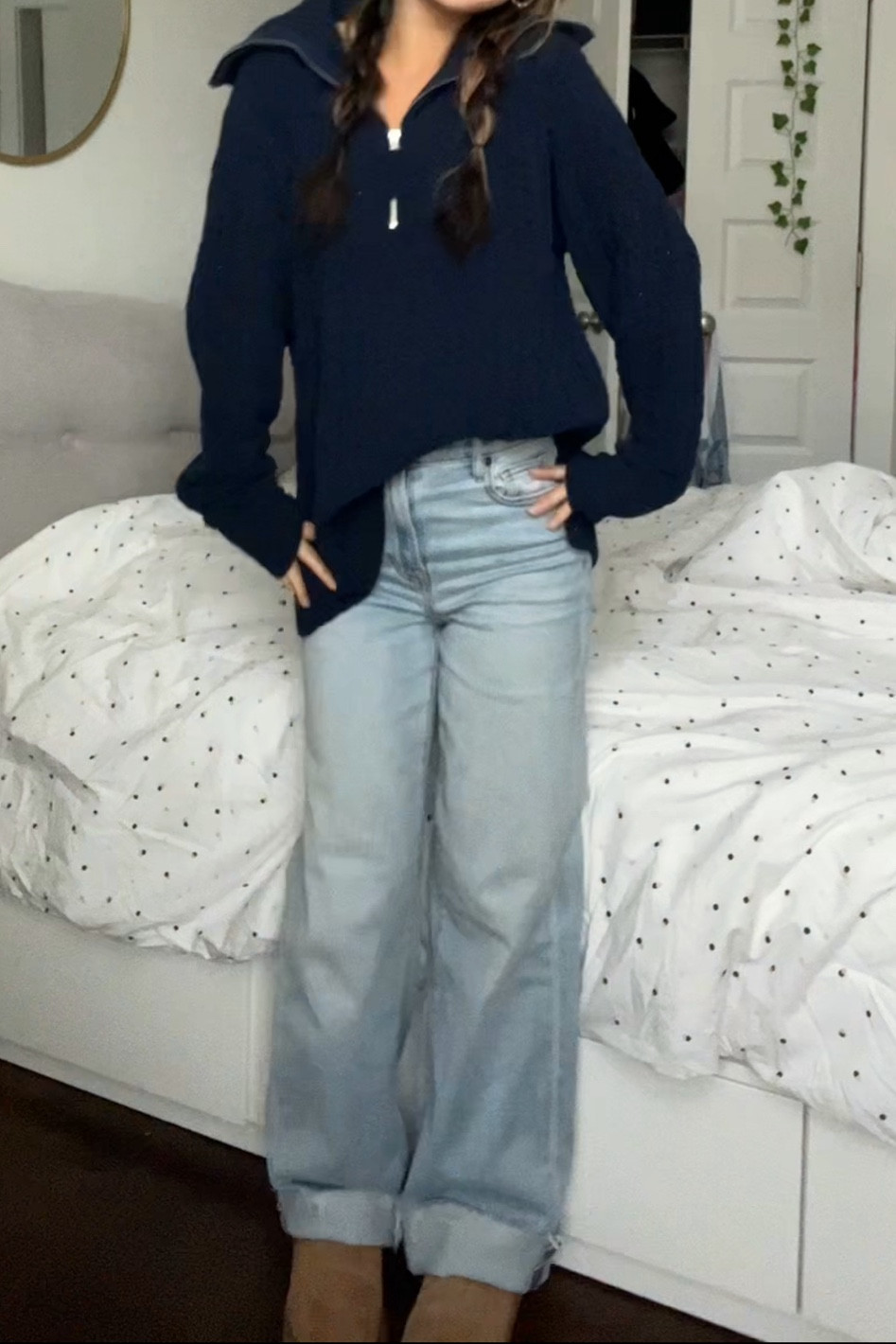 sweater is xs
jeans are 24/1 (code LAUREN15 to save $$)