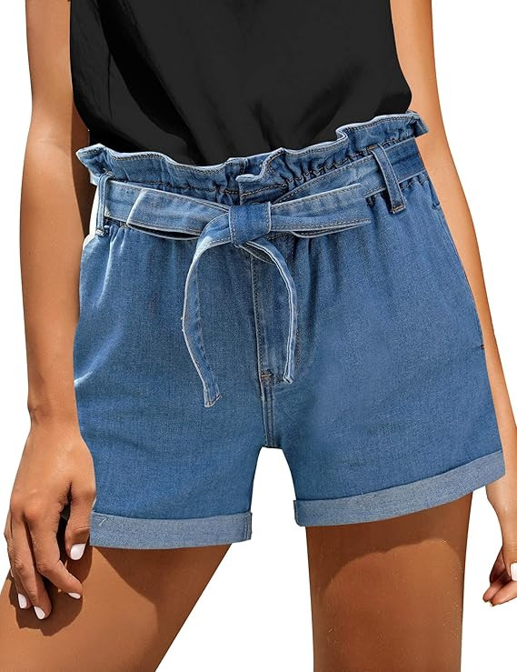 GRAPENT Women's Casual High Waisted Belted Elastic Waist Roll Hem Denim Jean Shorts | Amazon (US)