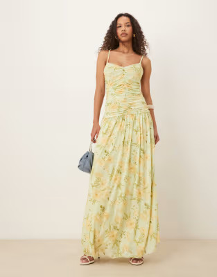 Vila ruched mesh maxi dress in yellow floral print | ASOS (Global)