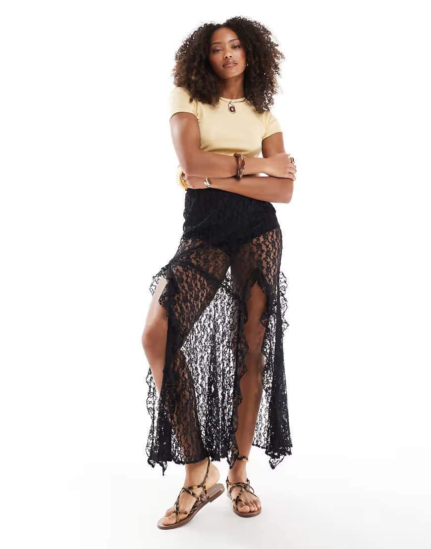 ASOS DESIGN lace ruffle maxi skirt in black | ASOS (Global)