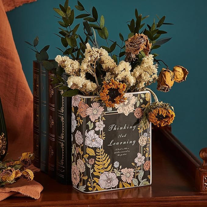 Book Vase Black Ceramic Vase Retro Book Shaped Flower Vase Aesthetic Rectangular Vases for Flower... | Amazon (US)
