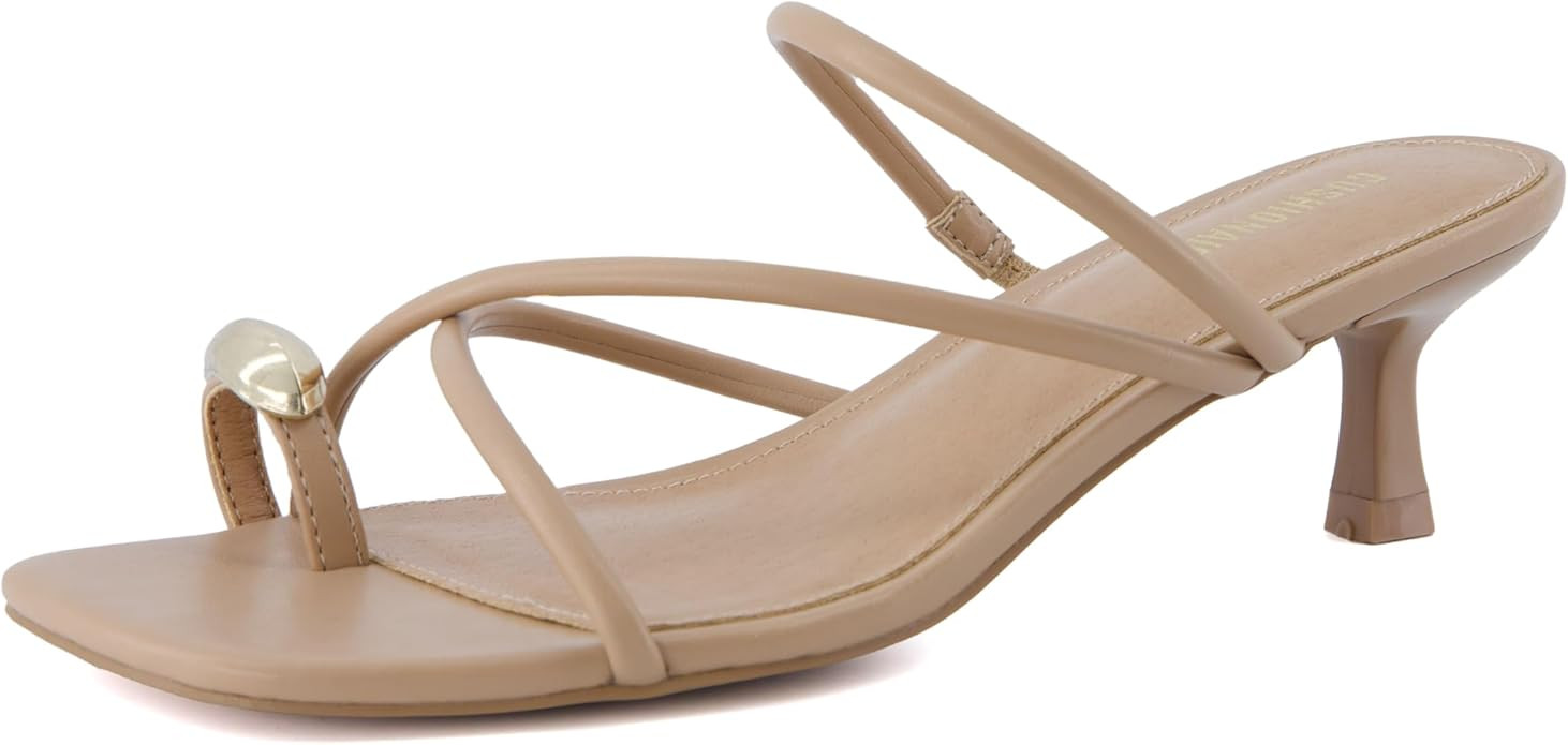 CUSHIONAIRE Maui Women’s Strappy Toe-Ring Slip On Kitten Heel – Vegan Leather Dress Sandal + ... | Amazon (US)
