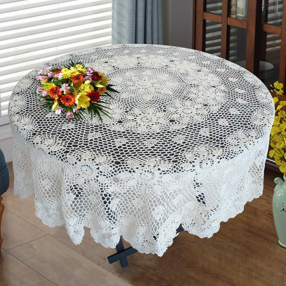 USTIDE 100% Cotton Lace Tablecloth Round White 70-inch Handmade Crochet Table Overlays Floral Des... | Amazon (US)