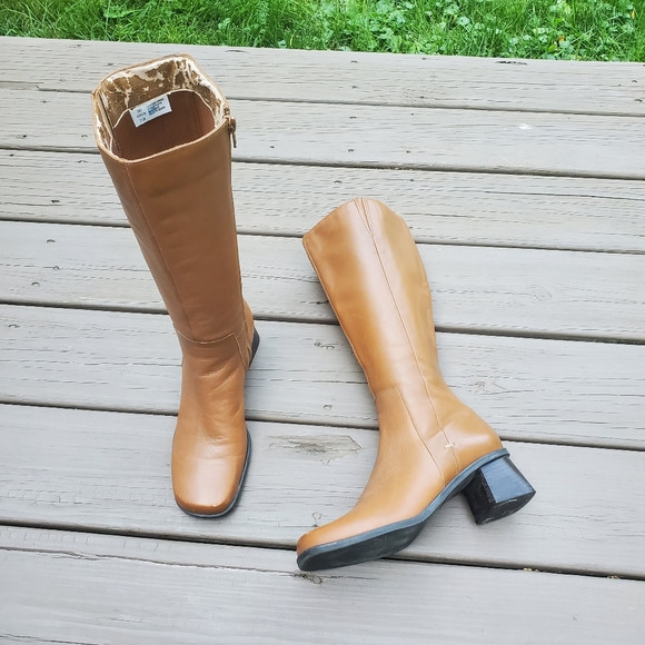 Vintage 90s y2k Bratz Honey Tan Leather Chunky Block Heel Square Toe Tall Boots | Poshmark