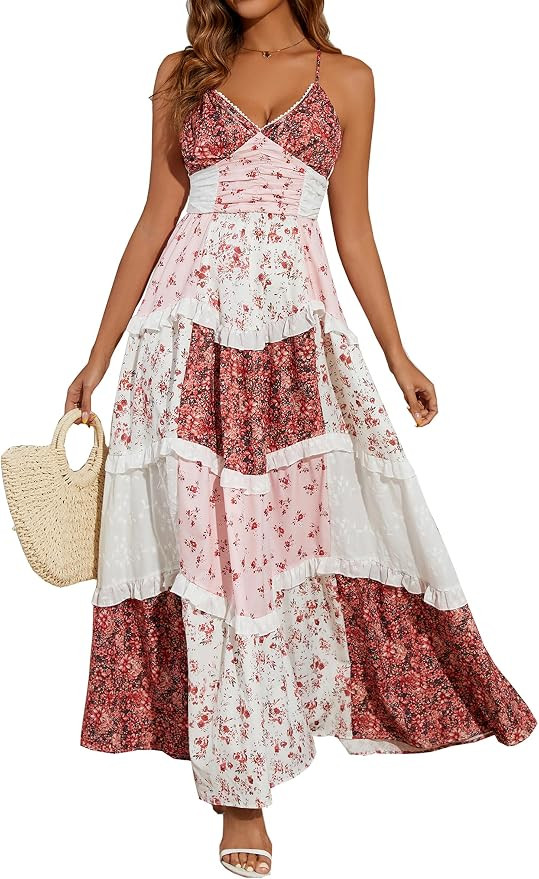 Women Floral Maxi Dress Spaghetti Straps V Neck Lace Patchwork Flowy Tiered Boho Beach Sundress L... | Amazon (US)