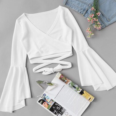 Bell Sleeve Self-Tie Crop Top | SHEIN