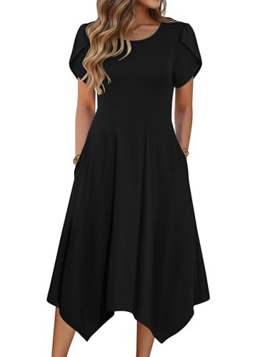 Zeagoo Summer Dresses for Women 2026 Summer Swing Dress Short Sleeve Dress for Women Loose Fit A Line Petite Dress Flowy Midi Dress Black S | Amazon (US)
