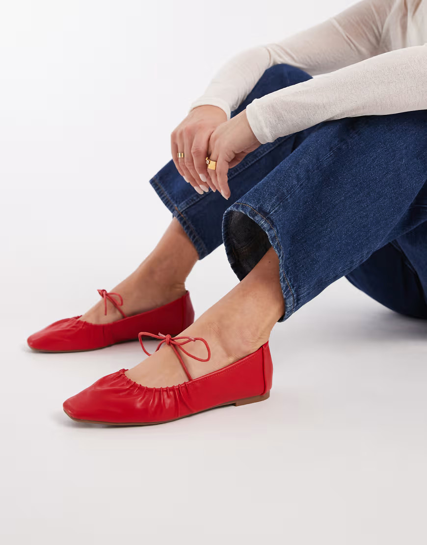 SEQWL Iris tie detail ruched ballet flats in soft red PU | ASOS (Global)