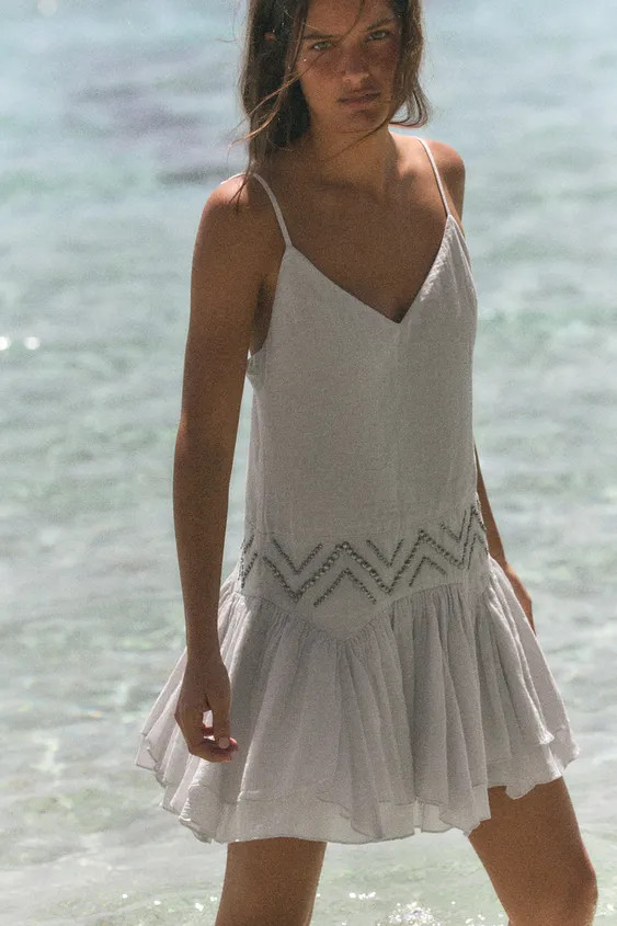 RUFFLED CHIFFON STUDDED DRESS | Zara US