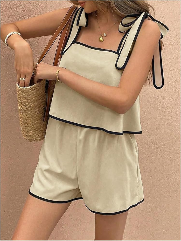 SweatyRocks Women's Summer Outfits 2 Piece Tie Shoulder Top and Shorts Matching Sets | Amazon (US)