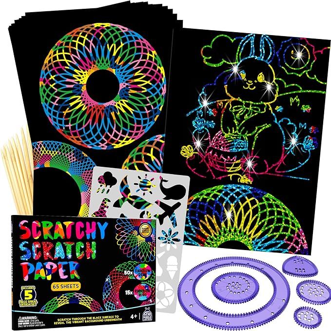 PURPLE LADYBUG 65 PCS Rainbow Holographic & Rainbow Scratch Paper Art - Black Scratch Art for Kid... | Amazon (US)