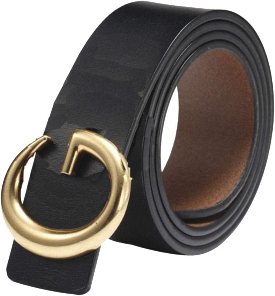 Luxury Gold Buckle x Black Leather Women Belt Jeans Belt Waist Belts | Amazon (US)