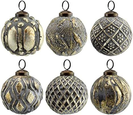 AuldHome Farmhouse Ball Ornaments (Set of 6, Silver Gray); Distressed Metal Glass Ball Vintage St... | Amazon (CA)
