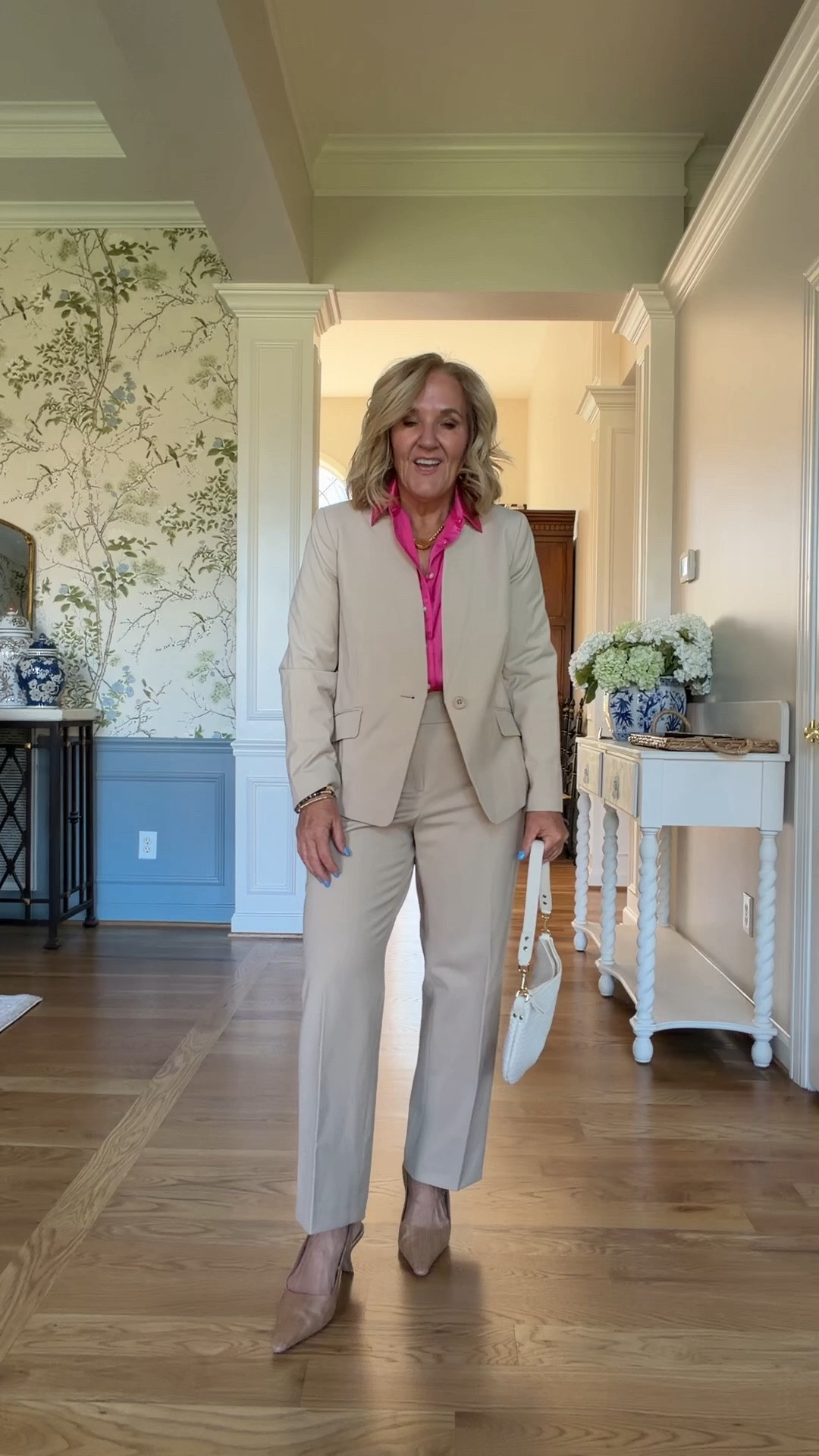 Talbots sale! 
Summer suit for the office work conferences or travel. 
Jacket size 10 petite 
Pants size 8 regular I think they’re supposed to be an ankle length. They are a straight leg. 
Blouse medium petite

#LTKSaleAlert #LTKOver40 #LTKWorkwear

#LTKPetite
