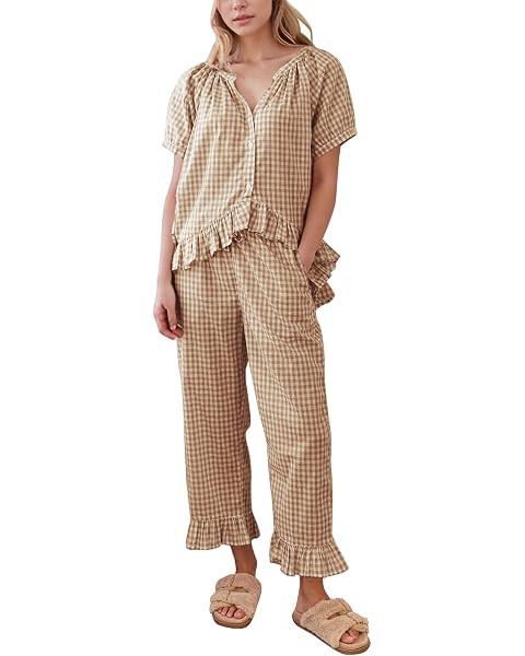 Womens Gingham Pajama Set 2 Piece Short Sleeve Babydoll Shirt and Pants Lounge Set Cute Sleepwear | Amazon (US)