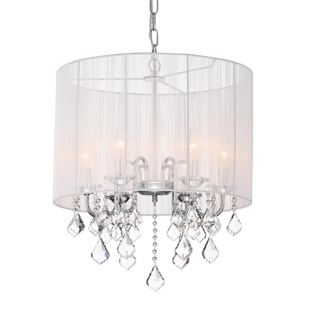 Edvivi Taylor 5-Light Chrome Chandelier with White Threaded Drum Shade/Hanging Clear Crystals | The Home Depot