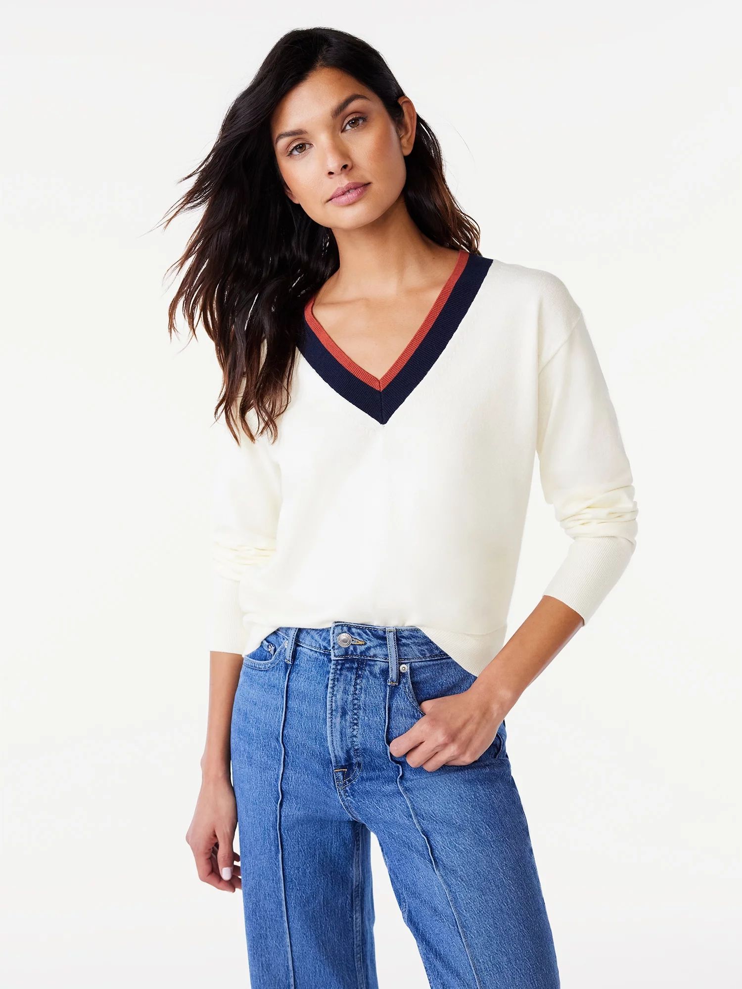 Free Assembly Women’s Contrast V-Neck Sweater with Long Sleeves, Midweight, Sizes XS-XXL - Walm... | Walmart (US)