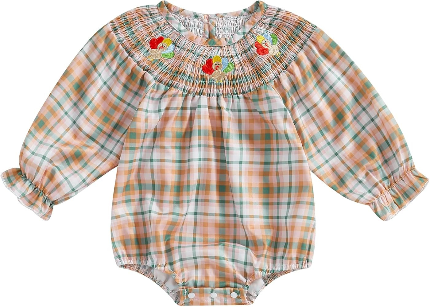 Baby Girl Thanksgiving Outfit Clothes Long Sleeve Turkey Plaid Smocked Bubble Romper Bodysuit Jum... | Amazon (US)