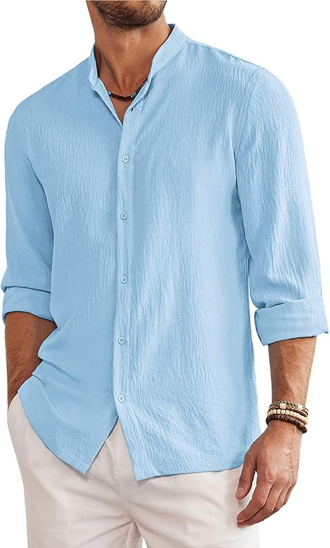 COOFANDY Mens Linen Shirt Long Sleeve Regular Fit Button Down Shirt Casual Beach Collarless Shirt... | Amazon (US)